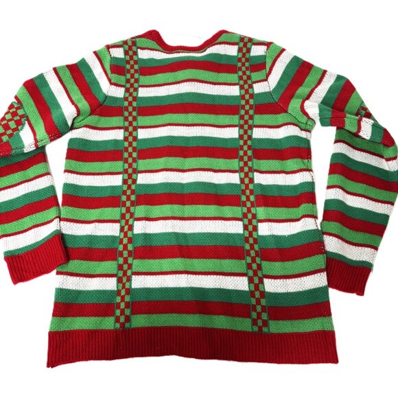 Jolly Ugly Christmas Sweater grn red white stripe faux suspenders EUC Size L - Picture 8 of 14